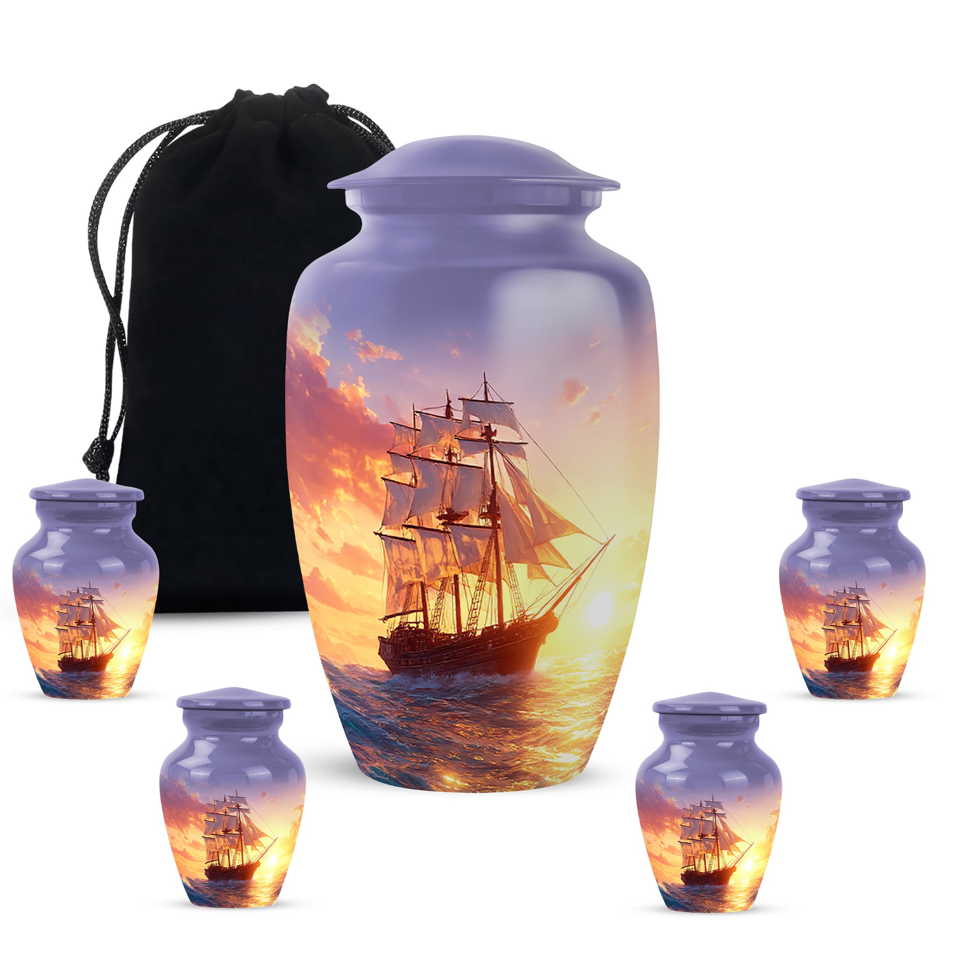 Soft Blue Boat Cremation Urn top-down view of secure threaded lid - elegant classic boat relief with fine detailing - memorial set with one large and four small urns