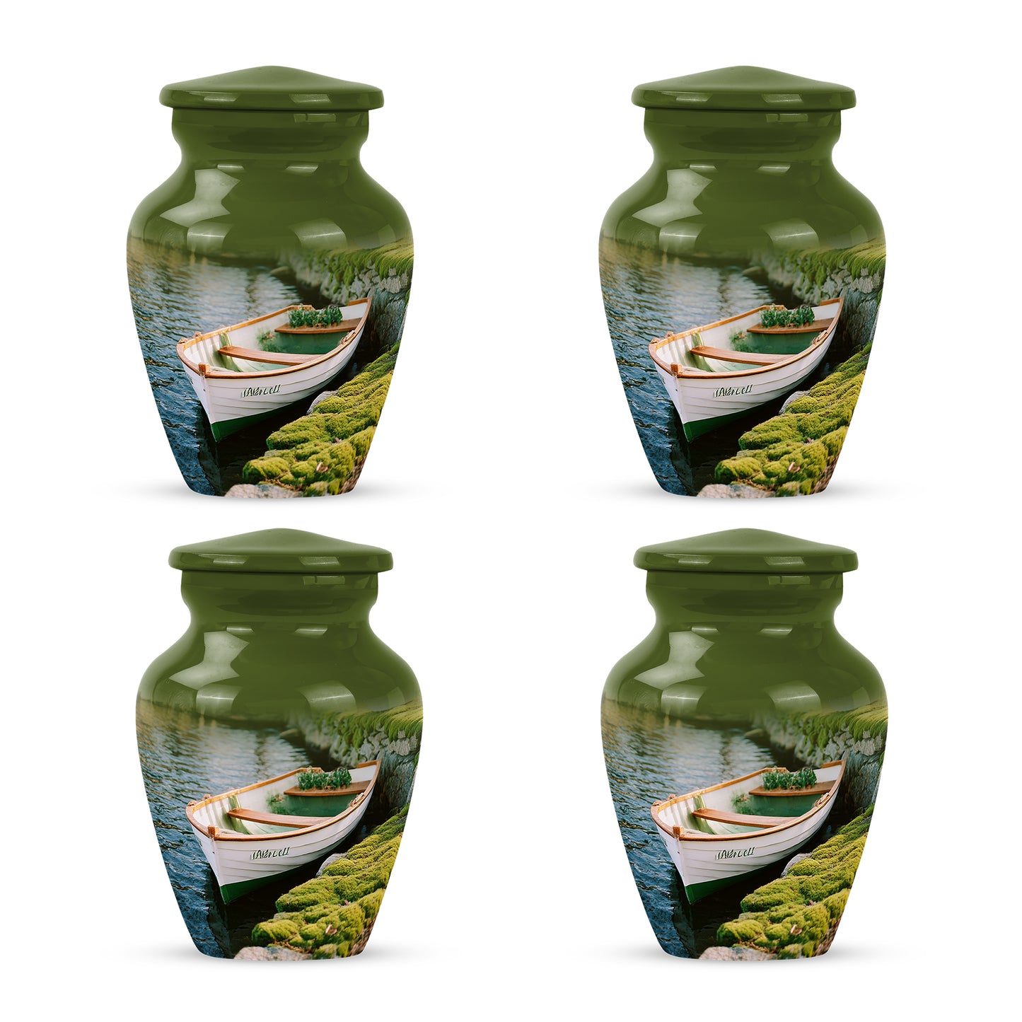 Harvest Yellow Boat Cremation Urn side profile showing urn shape - classic sculpted boat pattern on smooth aluminum - 10 inch aluminum urn for cremated remains