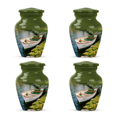 Harvest Yellow Boat Cremation Urn side profile showing urn shape - classic sculpted boat pattern on smooth aluminum - 10 inch aluminum urn for cremated remains