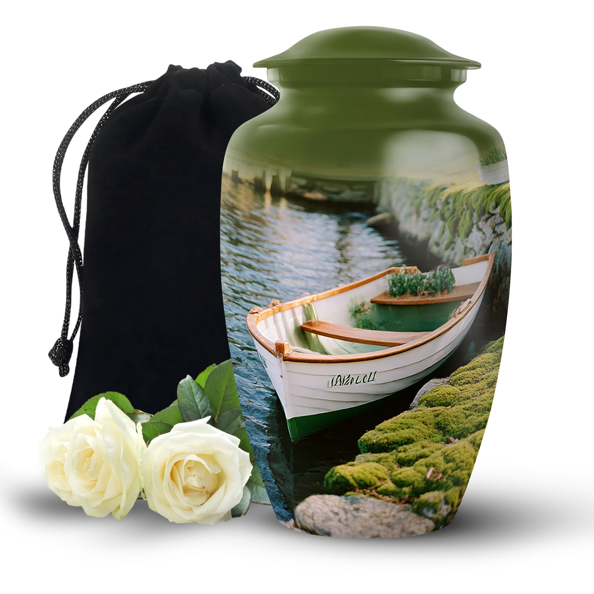 Warm Yellow Boat Cremation Urn angled view of lid and engraved motif - timeless boat motif etched into premium metal - full-size 10 inch 200 cubic inch adult cremation urn