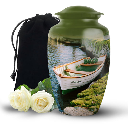 Warm Yellow Boat Cremation Urn angled view of lid and engraved motif - timeless boat motif etched into premium metal - full-size 10 inch 200 cubic inch adult cremation urn