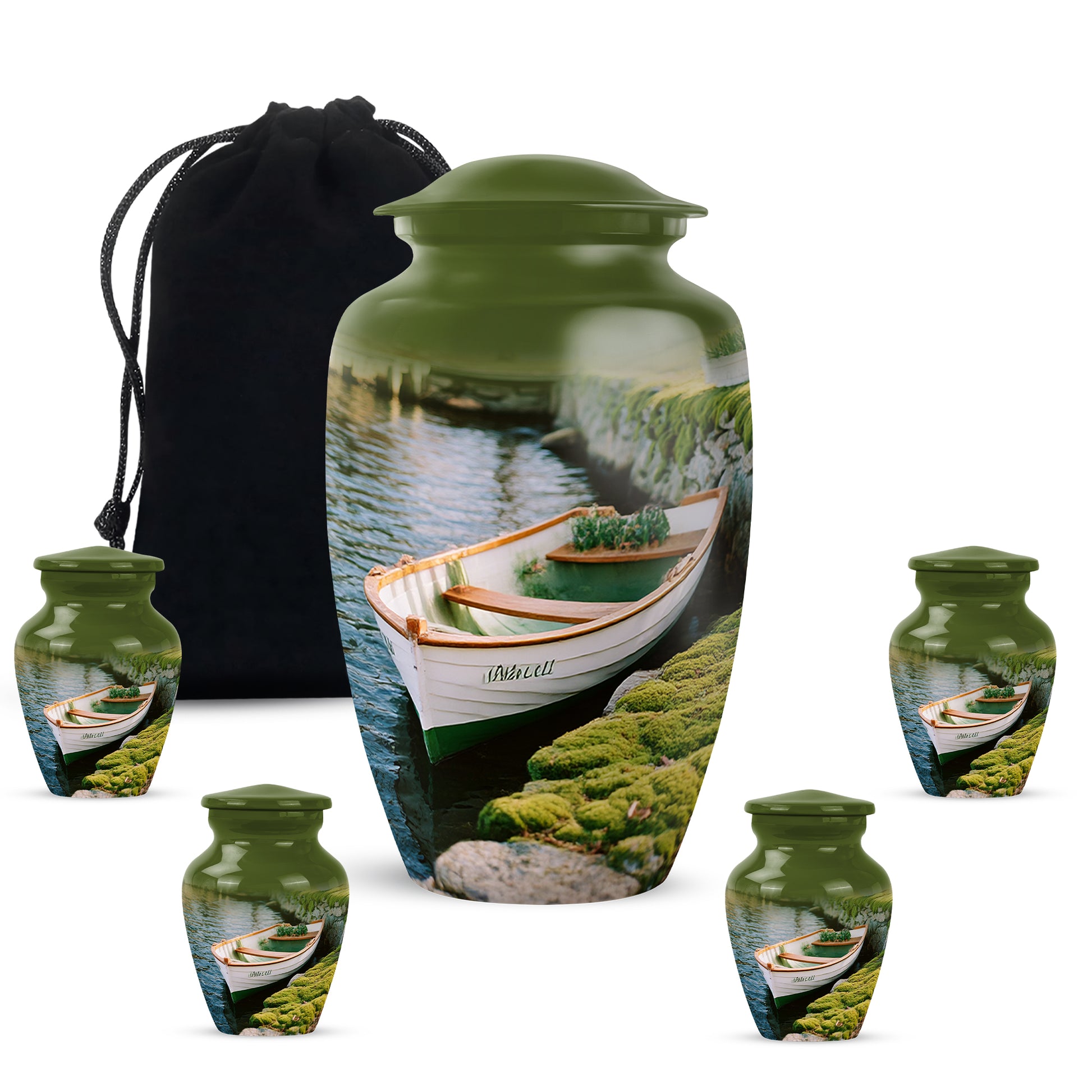 Sunshine Yellow Boat Cremation Urn top-down view of secure threaded lid - traditional boat engraving with hand-polished finish - memorial set with one large and four small urns