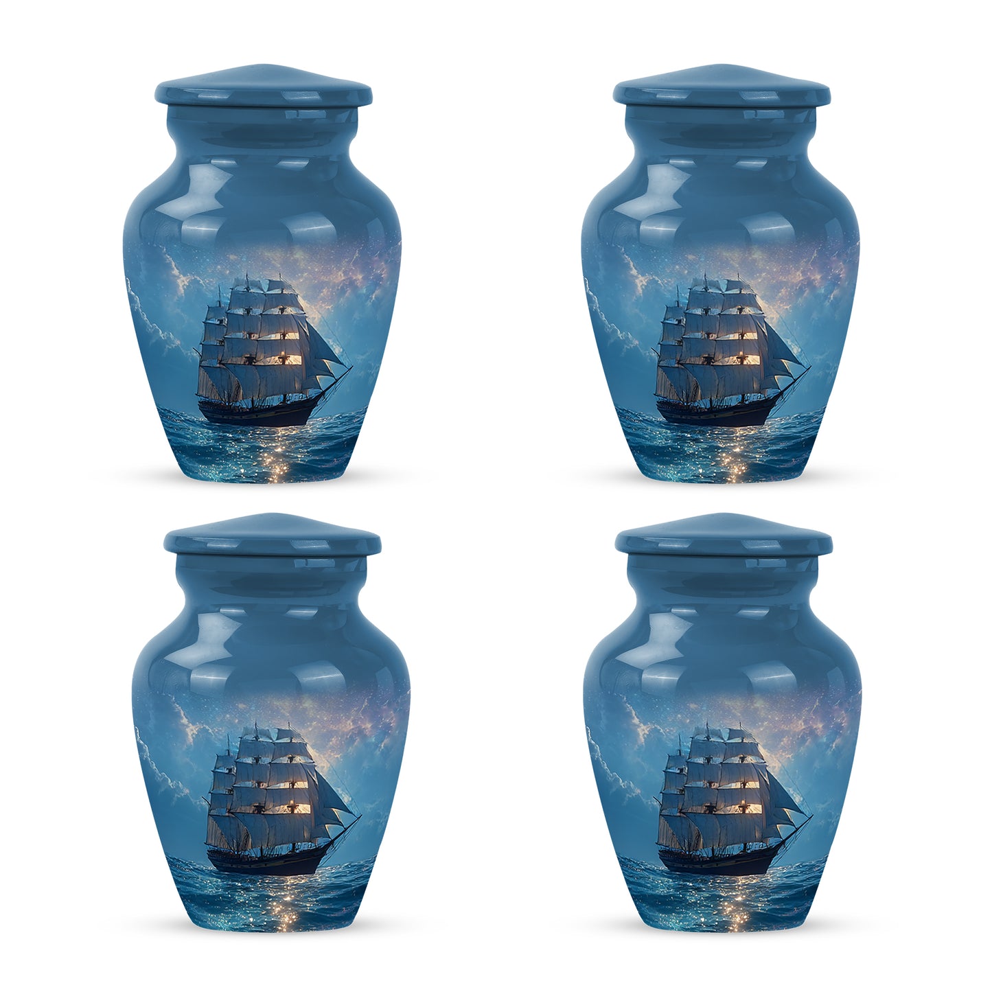 Vivid Blue Boat Cremation Urn side profile showing urn shape - traditional boat engraving with hand-polished finish - 10 inch aluminum urn for cremated remains