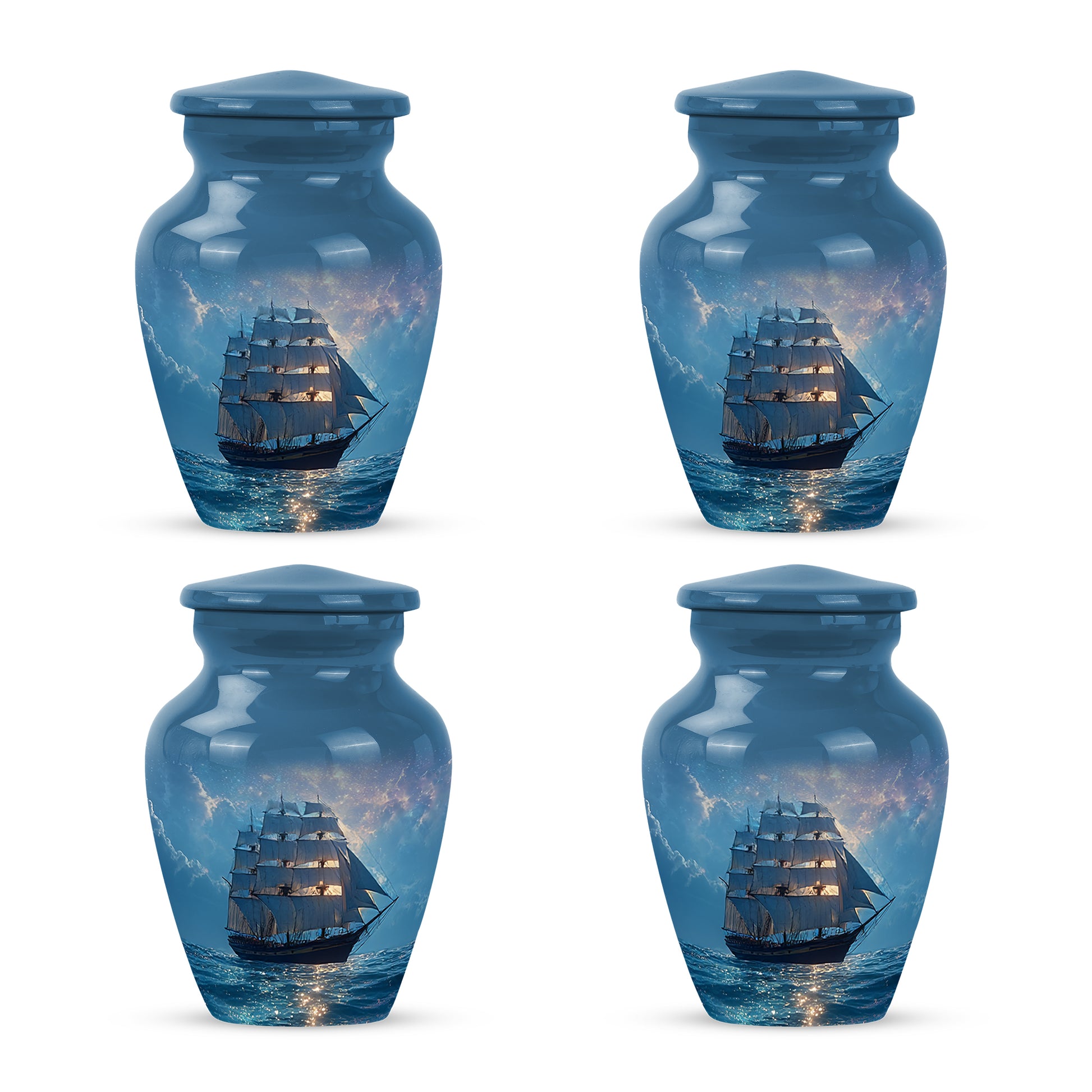 Vivid Blue Boat Cremation Urn side profile showing urn shape - traditional boat engraving with hand-polished finish - 10 inch aluminum urn for cremated remains