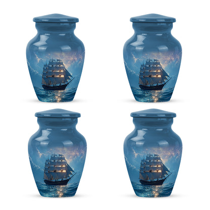 Vivid Blue Boat Cremation Urn side profile showing urn shape - traditional boat engraving with hand-polished finish - 10 inch aluminum urn for cremated remains
