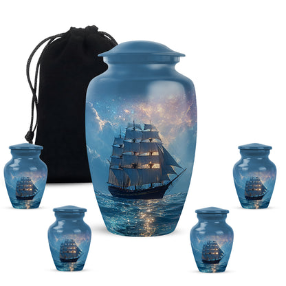 Calming Blue Boat Cremation Urn top-down view of secure threaded lid - elegant classic boat relief with fine detailing - memorial set with one large and four small urns
