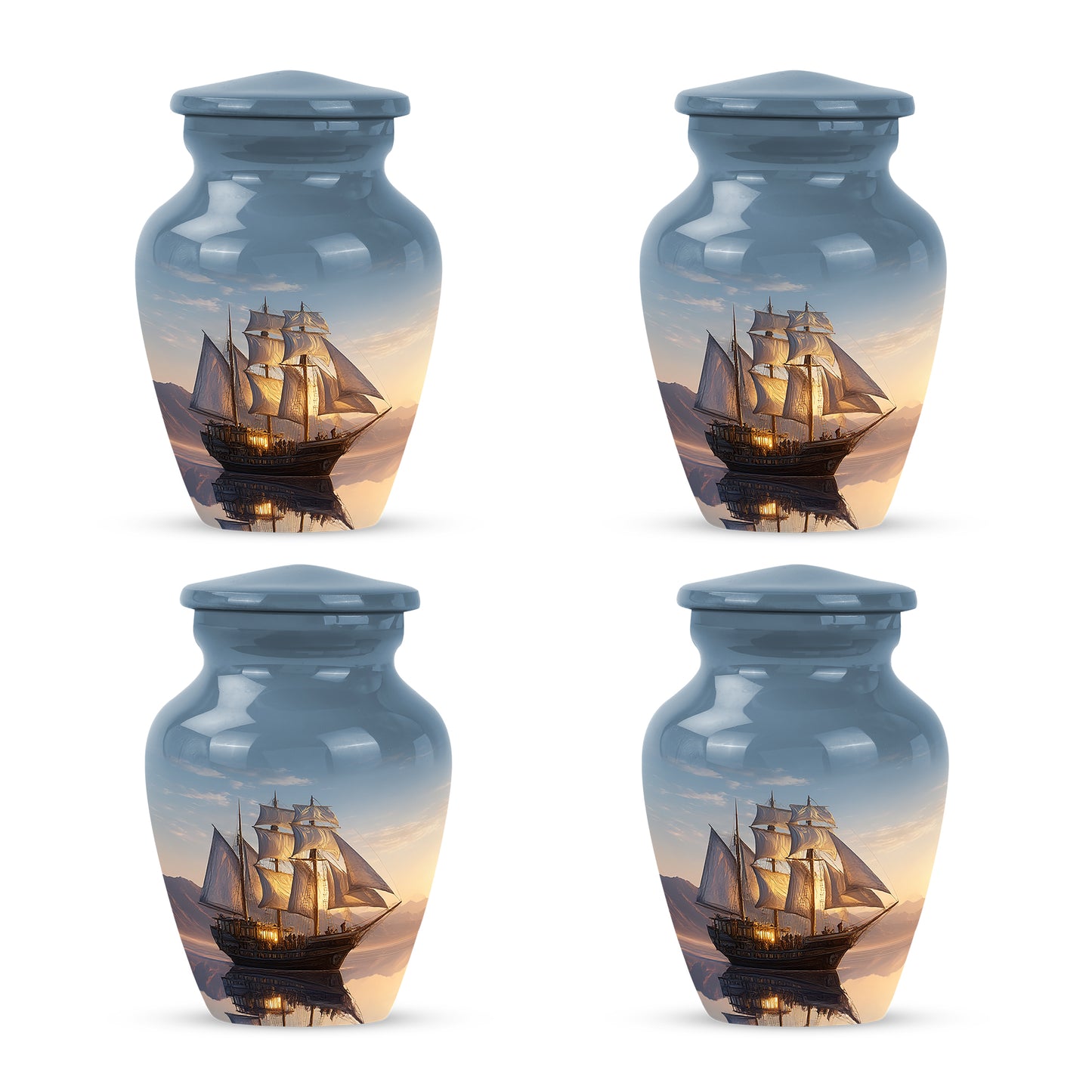 Bright Blue Boat Cremation Urn side profile showing urn shape - traditional boat engraving with hand-polished finish - 10 inch aluminum urn for cremated remains