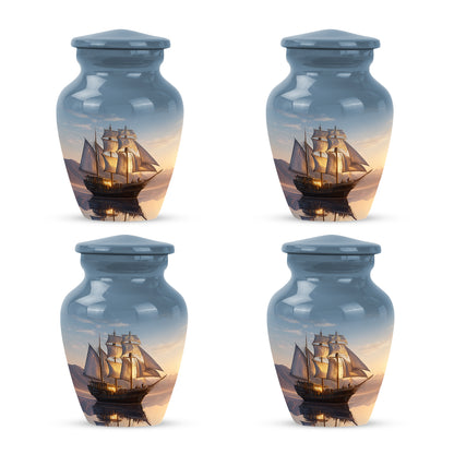 Bright Blue Boat Cremation Urn side profile showing urn shape - traditional boat engraving with hand-polished finish - 10 inch aluminum urn for cremated remains
