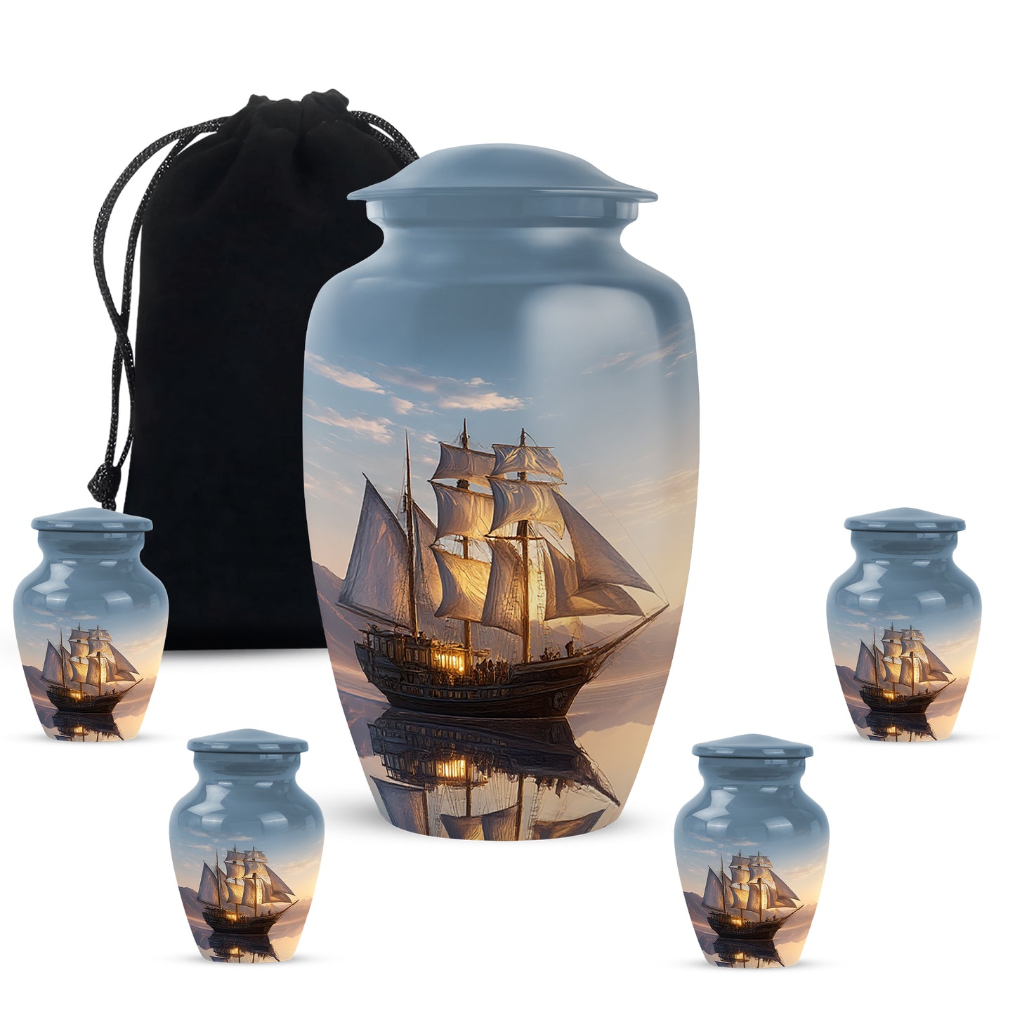 Twilight Blue Boat Cremation Urn top-down view of secure threaded lid - elegant classic boat relief with fine detailing - memorial set with one large and four small urns