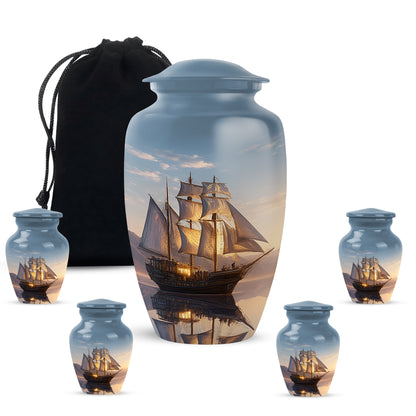 Twilight Blue Boat Cremation Urn top-down view of secure threaded lid - elegant classic boat relief with fine detailing - memorial set with one large and four small urns