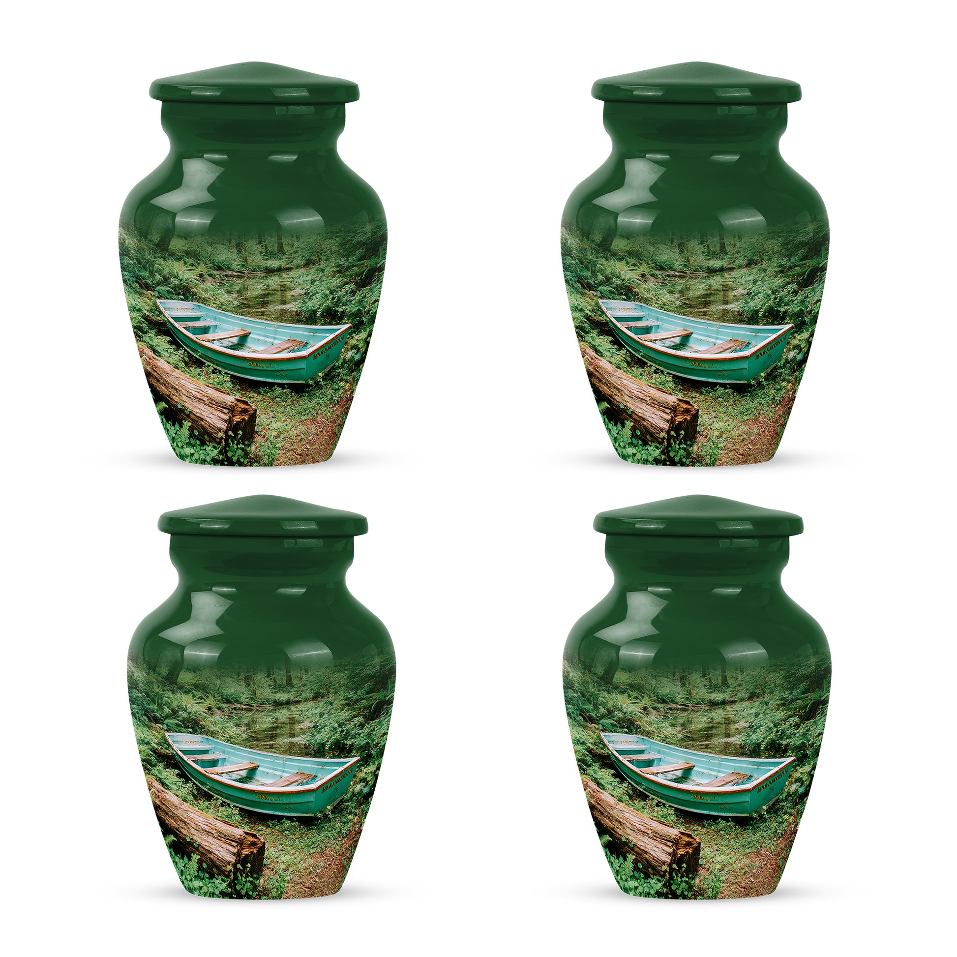 Pine Green Boat Cremation Urn side profile showing urn shape - elegant classic boat relief with fine detailing - 10 inch aluminum urn for cremated remains