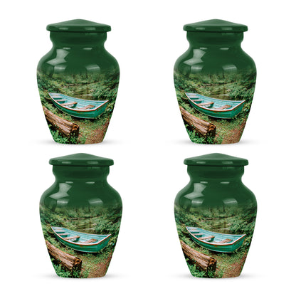 Pine Green Boat Cremation Urn side profile showing urn shape - elegant classic boat relief with fine detailing - 10 inch aluminum urn for cremated remains