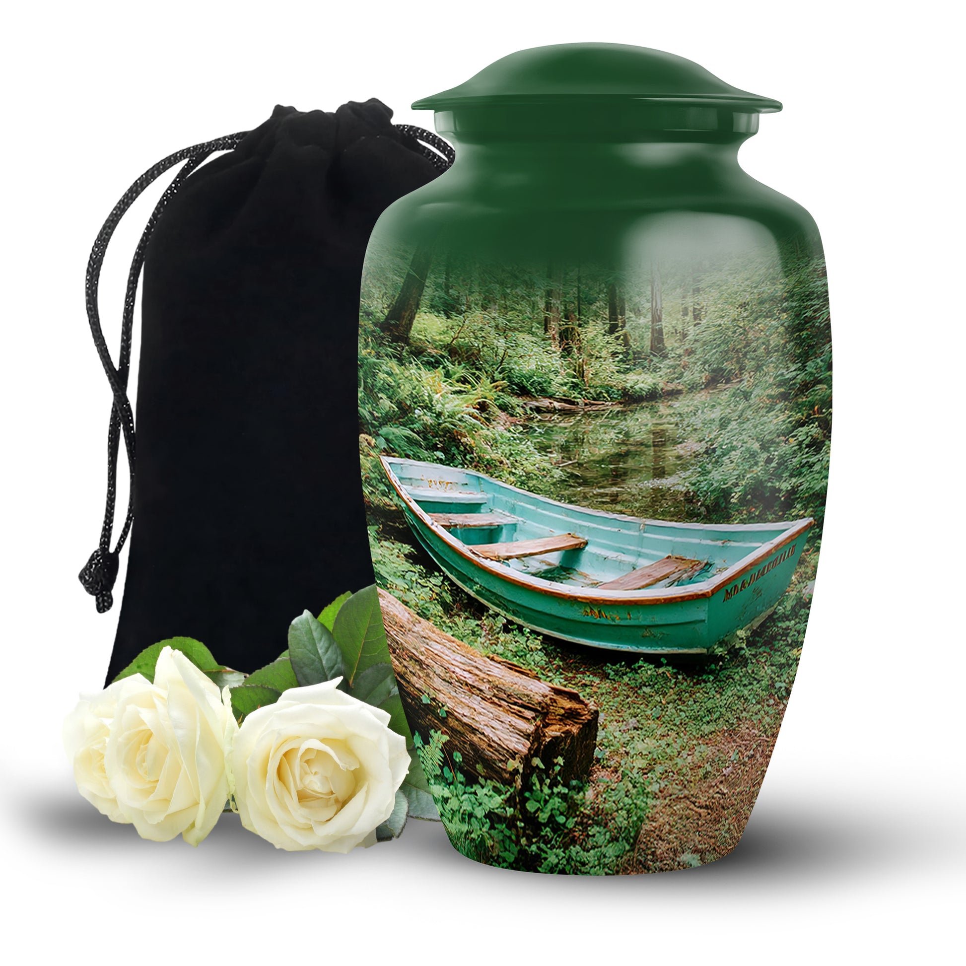 Hunter Green Boat Cremation Urn angled view of lid and engraved motif - traditional boat engraving with hand-polished finish - full-size 10 inch 200 cubic inch adult cremation urn