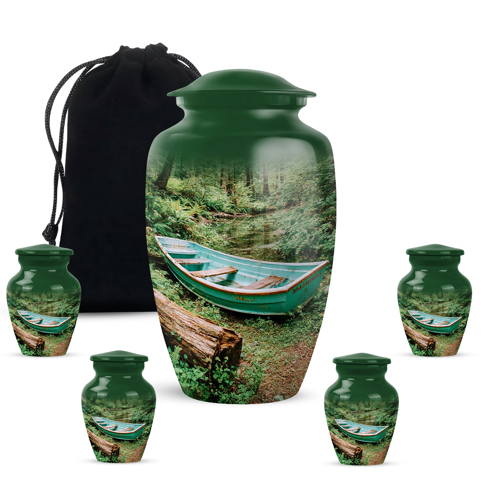 Sage Green Boat Cremation Urn top-down view of secure threaded lid - classic sculpted boat pattern on smooth aluminum - memorial set with one large and four small urns