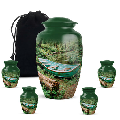Sage Green Boat Cremation Urn top-down view of secure threaded lid - classic sculpted boat pattern on smooth aluminum - memorial set with one large and four small urns