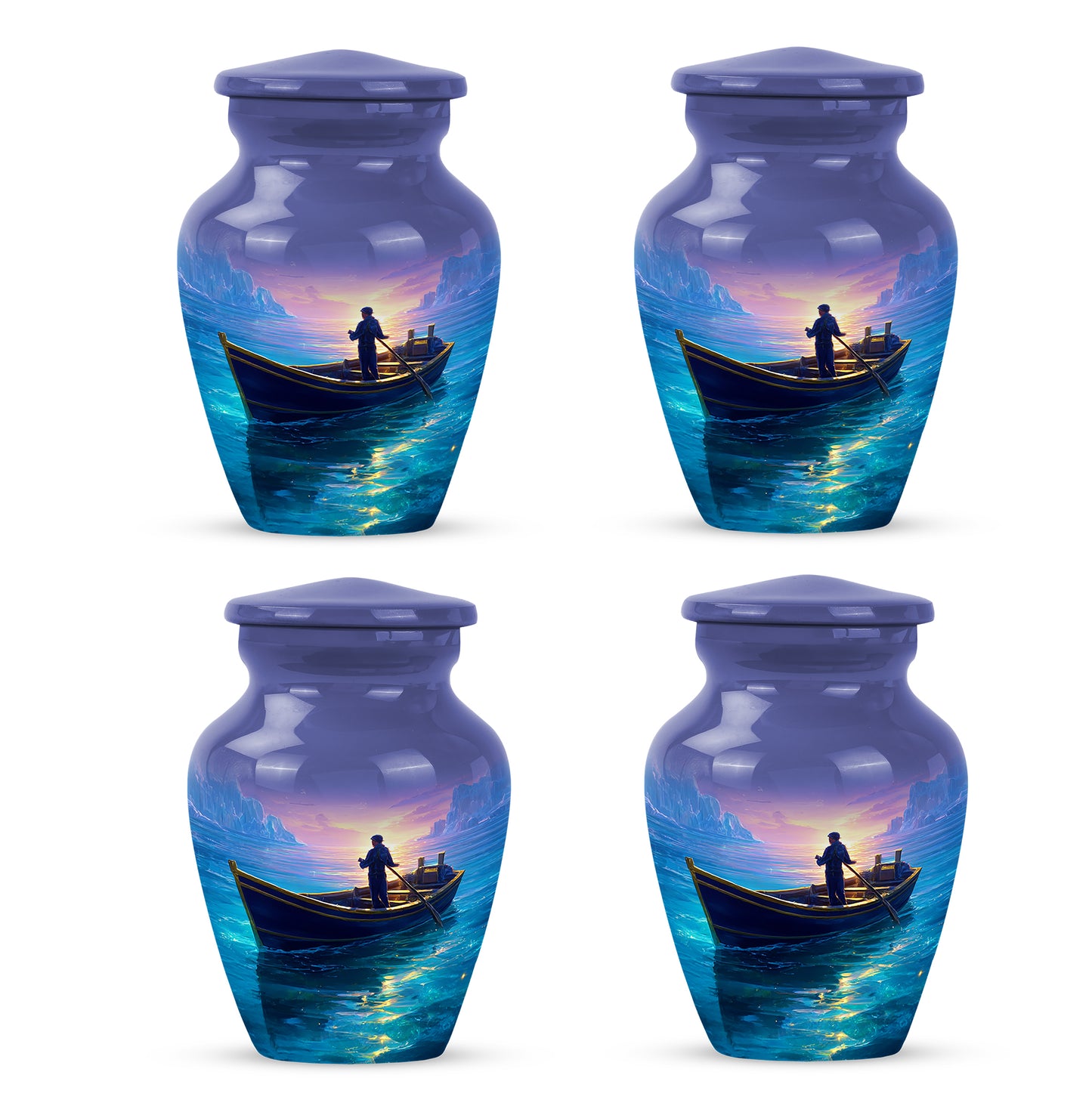 Navy Blue Boat Cremation Urn side profile showing urn shape - timeless boat motif etched into premium metal - 10 inch aluminum urn for cremated remains