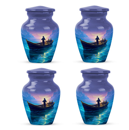 Navy Blue Boat Cremation Urn side profile showing urn shape - timeless boat motif etched into premium metal - 10 inch aluminum urn for cremated remains