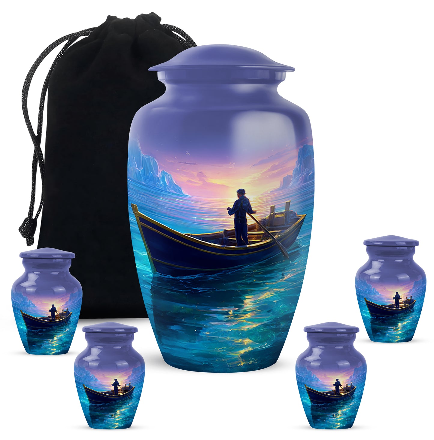 Royal Blue Boat Cremation Urn top-down view of secure threaded lid - elegant classic boat relief with fine detailing - memorial set with one large and four small urns