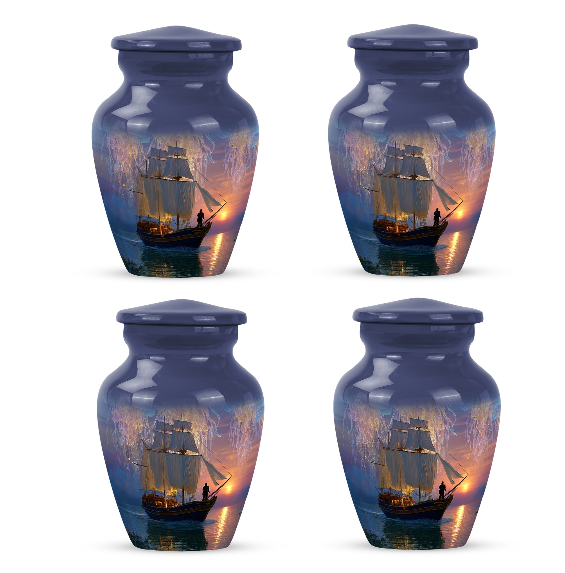 Twilight Blue Boat Cremation Urn side profile showing urn shape - elegant classic boat relief with fine detailing - 10 inch aluminum urn for cremated remains
