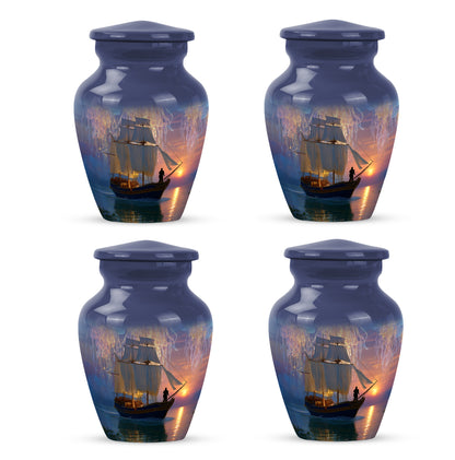 Twilight Blue Boat Cremation Urn side profile showing urn shape - elegant classic boat relief with fine detailing - 10 inch aluminum urn for cremated remains