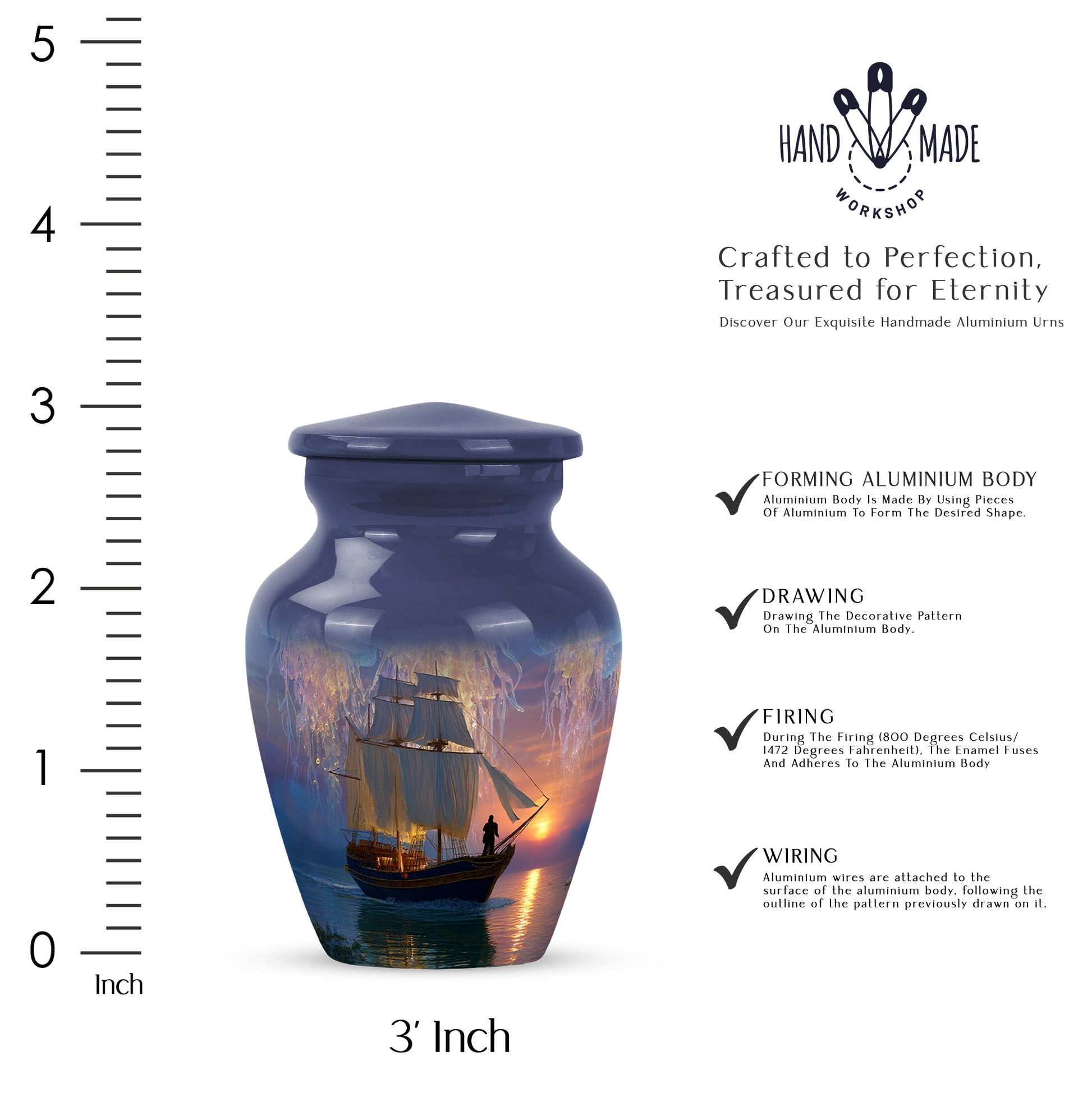 Steel Blue Boat Cremation Urn close-up of engraving and surface detail - traditional boat engraving with hand-polished finish - mini keepsake memorial for portion of cremation ashes