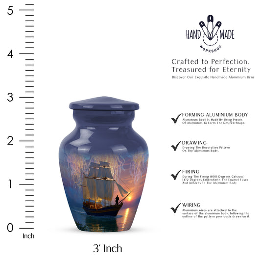 Steel Blue Boat Cremation Urn close-up of engraving and surface detail - traditional boat engraving with hand-polished finish - mini keepsake memorial for portion of cremation ashes