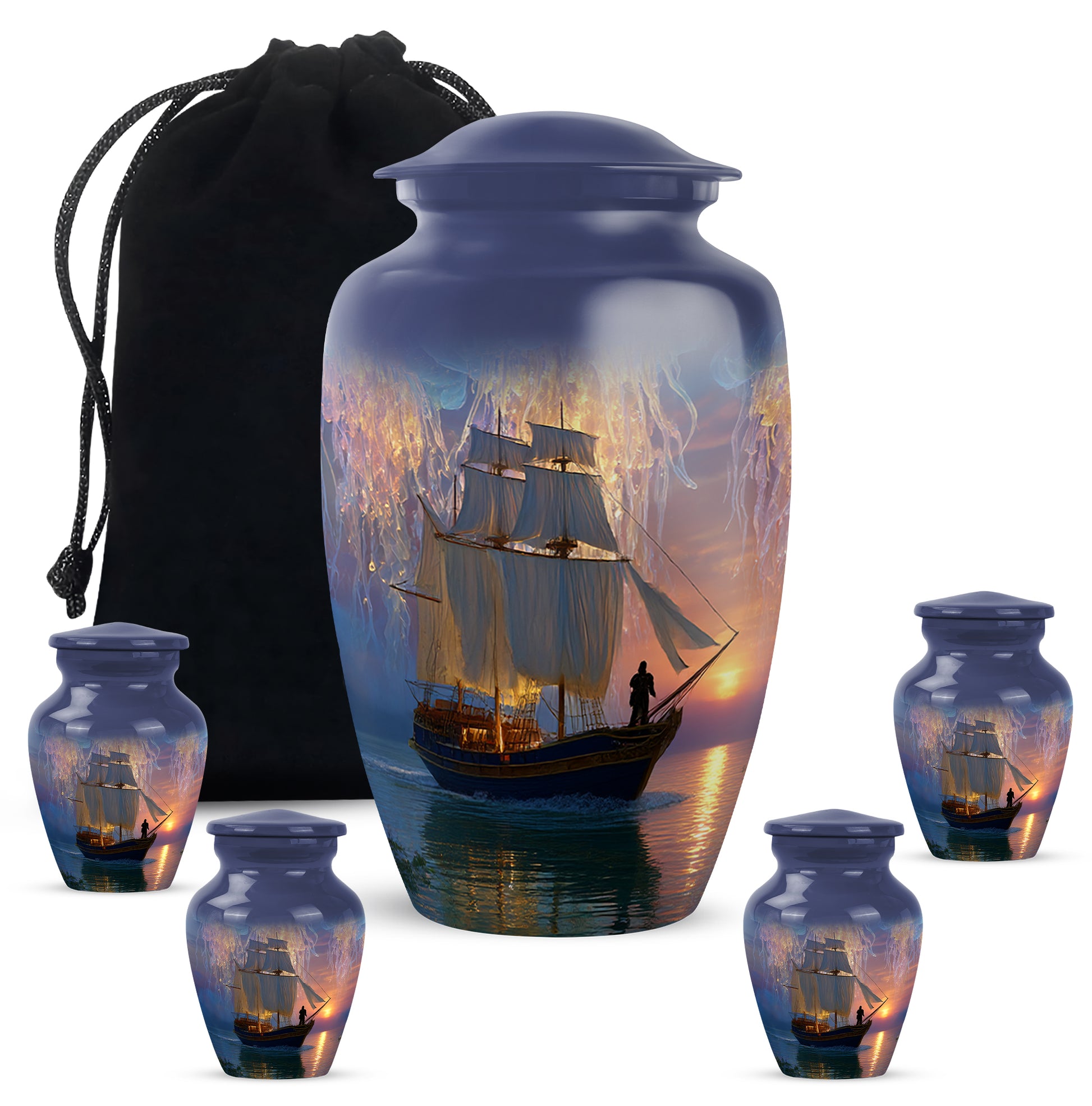 Powder Blue Boat Cremation Urn top-down view of secure threaded lid - timeless boat motif etched into premium metal - memorial set with one large and four small urns