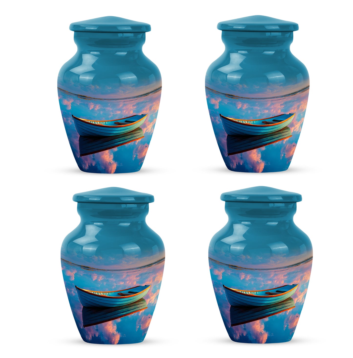Steel Blue Boat Cremation Urn side profile showing urn shape - elegant classic boat relief with fine detailing - 10 inch aluminum urn for cremated remains