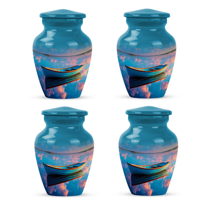 Steel Blue Boat Cremation Urn side profile showing urn shape - elegant classic boat relief with fine detailing - 10 inch aluminum urn for cremated remains