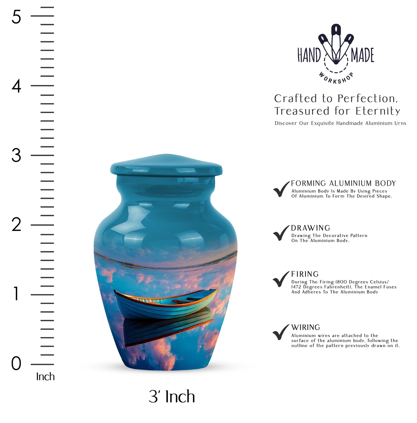 Bright Blue Boat Cremation Urn close-up of engraving and surface detail - traditional boat engraving with hand-polished finish - mini keepsake memorial for portion of cremation ashes