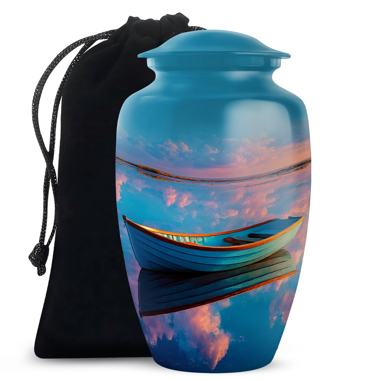 Powder Blue Boat Cremation Urn angled view of lid and engraved motif - timeless boat motif etched into premium metal - full-size 10 inch 200 cubic inch adult cremation urn