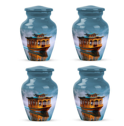 Slate Blue Boat Cremation Urn side profile showing urn shape - classic sculpted boat pattern on smooth aluminum - 10 inch aluminum urn for cremated remains