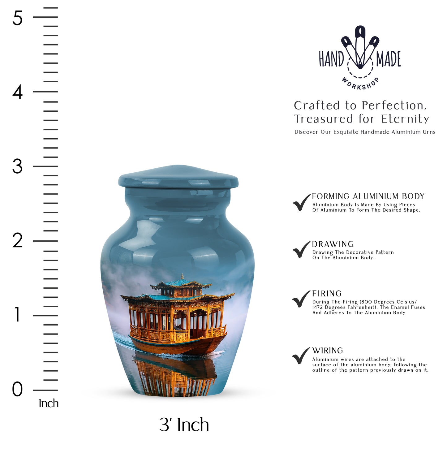 Serene Blue Boat Cremation Urn close-up of engraving and surface detail - traditional boat engraving with hand-polished finish - mini keepsake memorial for portion of cremation ashes