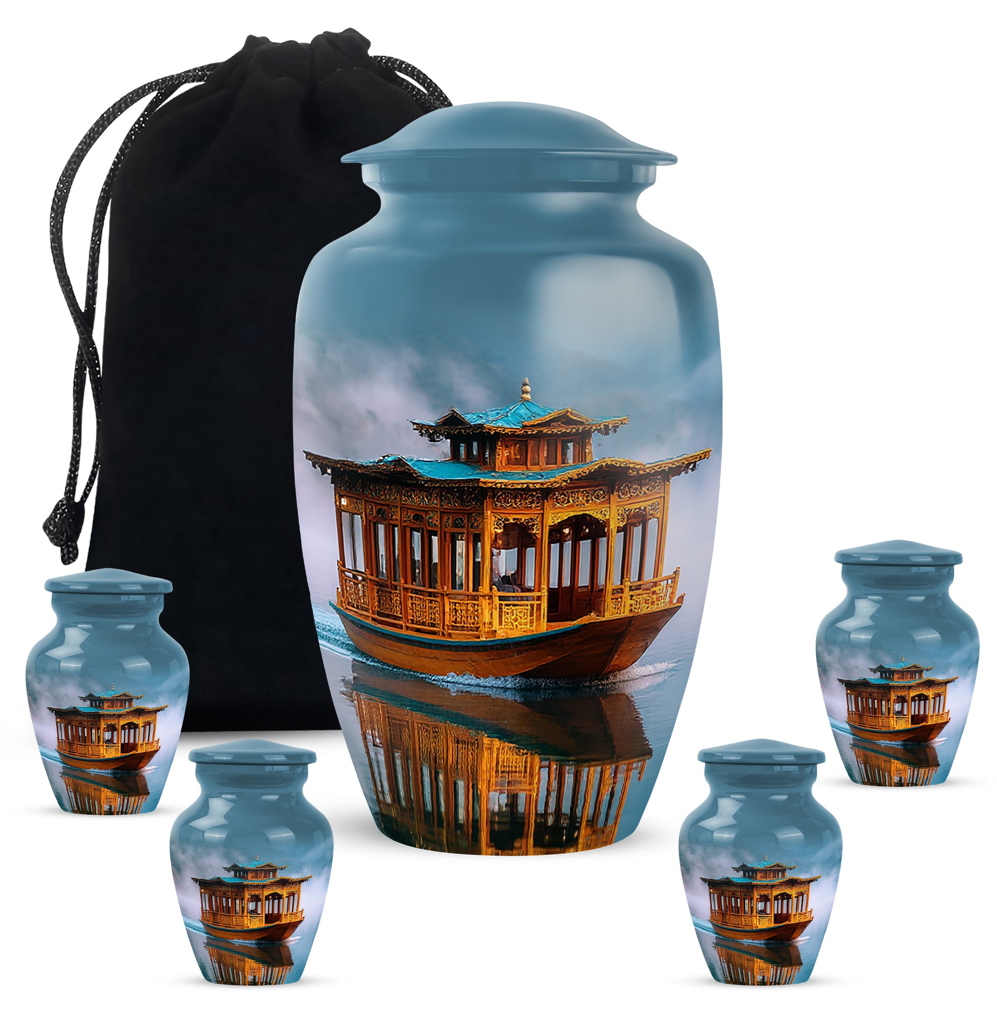 Sapphire Blue Boat Cremation Urn top-down view of secure threaded lid - elegant classic boat relief with fine detailing - memorial set with one large and four small urns