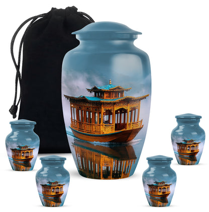 Sapphire Blue Boat Cremation Urn top-down view of secure threaded lid - elegant classic boat relief with fine detailing - memorial set with one large and four small urns