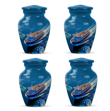 Powder Blue Boat Cremation Urn side profile showing urn shape - classic sculpted boat pattern on smooth aluminum - 10 inch aluminum urn for cremated remains