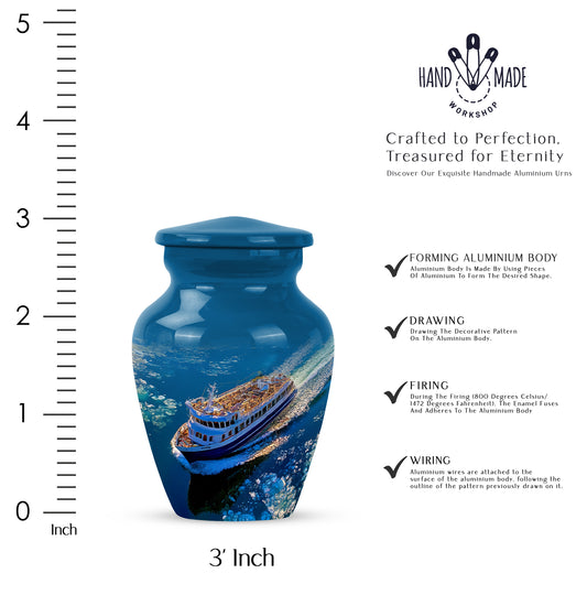 Steel Blue Boat Cremation Urn close-up of engraving and surface detail - elegant classic boat relief with fine detailing - mini keepsake memorial for portion of cremation ashes