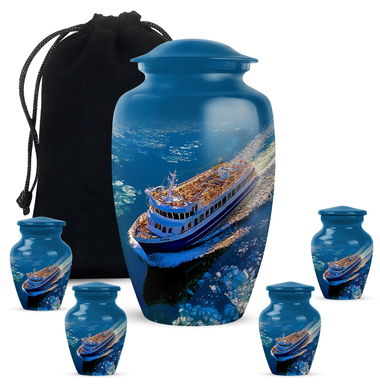Misty Blue Boat Cremation Urn top-down view of secure threaded lid - timeless boat motif etched into premium metal - memorial set with one large and four small urns