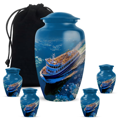 Misty Blue Boat Cremation Urn top-down view of secure threaded lid - timeless boat motif etched into premium metal - memorial set with one large and four small urns