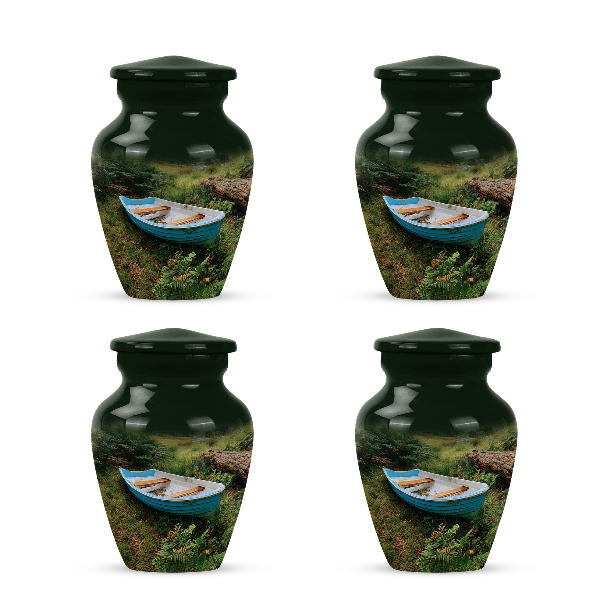 Jet Black Boat Cremation Urn side profile showing urn shape - timeless boat motif etched into premium metal - 10 inch aluminum urn for cremated remains