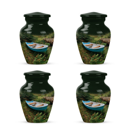Jet Black Boat Cremation Urn side profile showing urn shape - timeless boat motif etched into premium metal - 10 inch aluminum urn for cremated remains