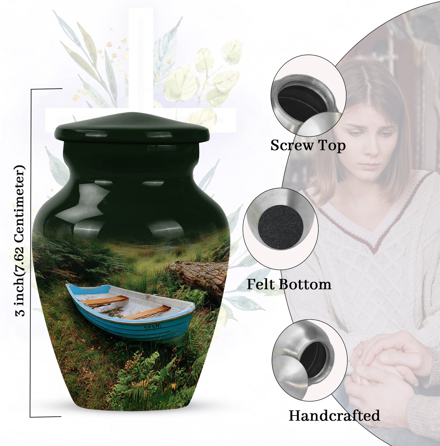Midnight Black Boat Cremation Urn close-up of engraving and surface detail - elegant classic boat relief with fine detailing - mini keepsake memorial for portion of cremation ashes