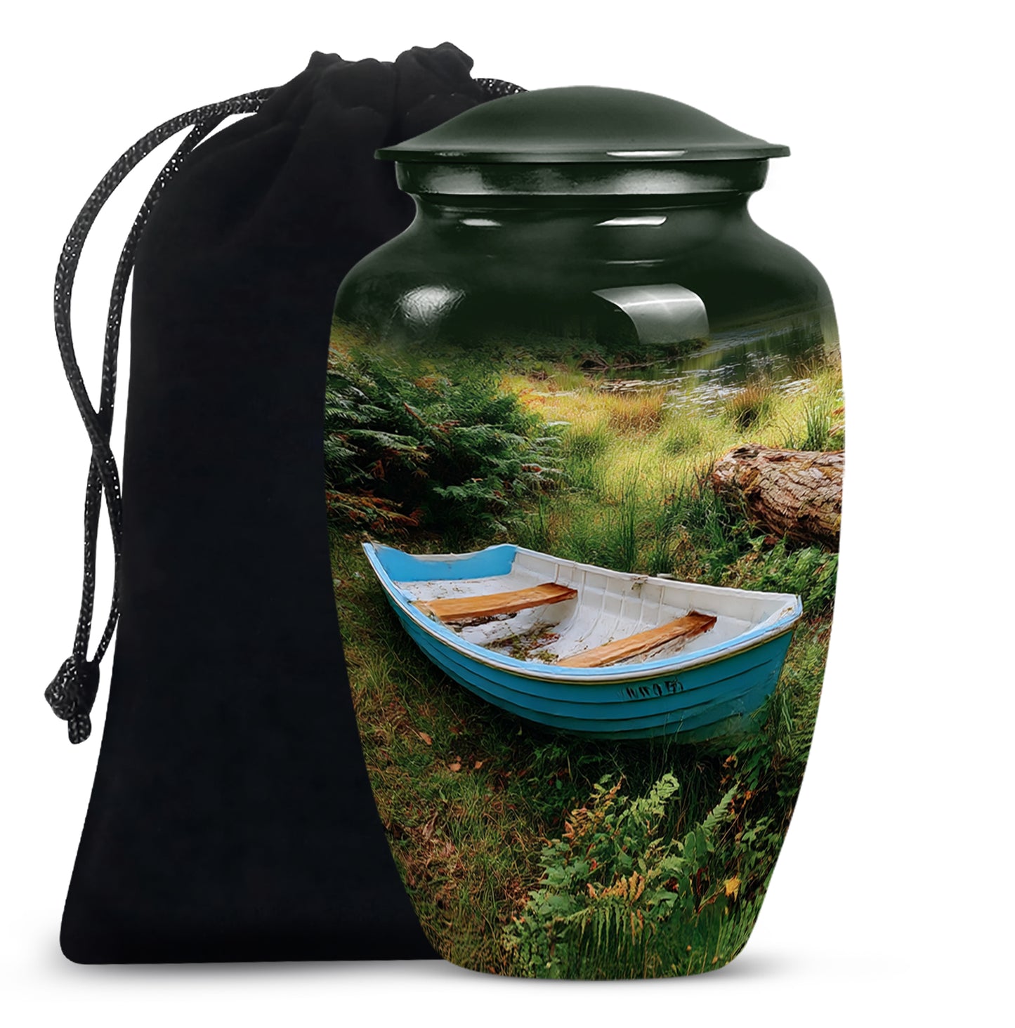 Glossy Black Boat Cremation Urn angled view of lid and engraved motif - classic sculpted boat pattern on smooth aluminum - full-size 10 inch 200 cubic inch adult cremation urn