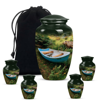 Onyx Black Boat Cremation Urn top-down view of secure threaded lid - traditional boat engraving with hand-polished finish - memorial set with one large and four small urns
