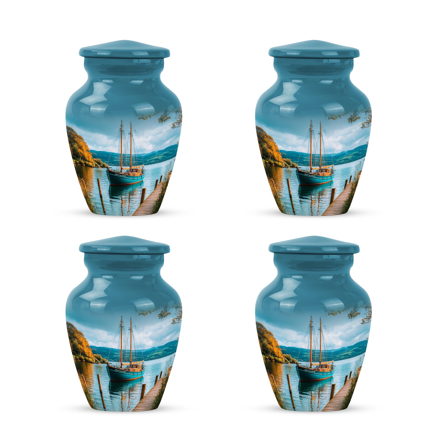 Cool Teal Boat Cremation Urn side profile showing urn shape - classic sculpted boat pattern on smooth aluminum - 10 inch aluminum urn for cremated remains
