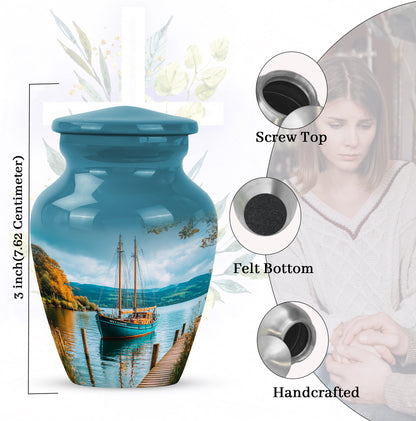 Vivid Teal Boat Cremation Urn close-up of engraving and surface detail - traditional boat engraving with hand-polished finish - mini keepsake memorial for portion of cremation ashes