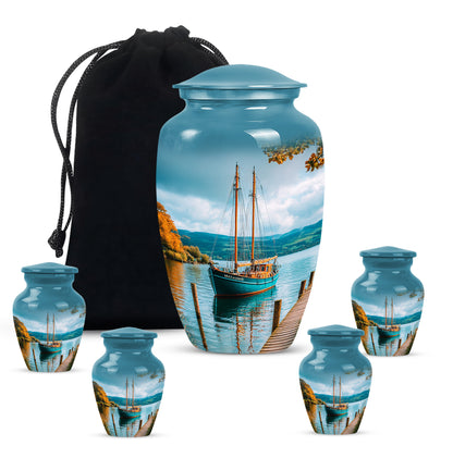 Deep Teal Boat Cremation Urn top-down view of secure threaded lid - traditional boat engraving with hand-polished finish - memorial set with one large and four small urns