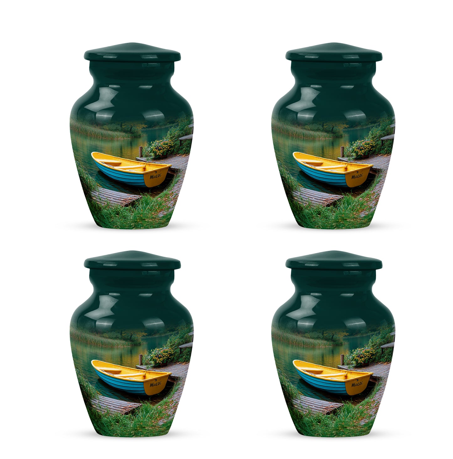 Jewel Teal Boat Cremation Urn side profile showing urn shape - classic sculpted boat pattern on smooth aluminum - 10 inch aluminum urn for cremated remains