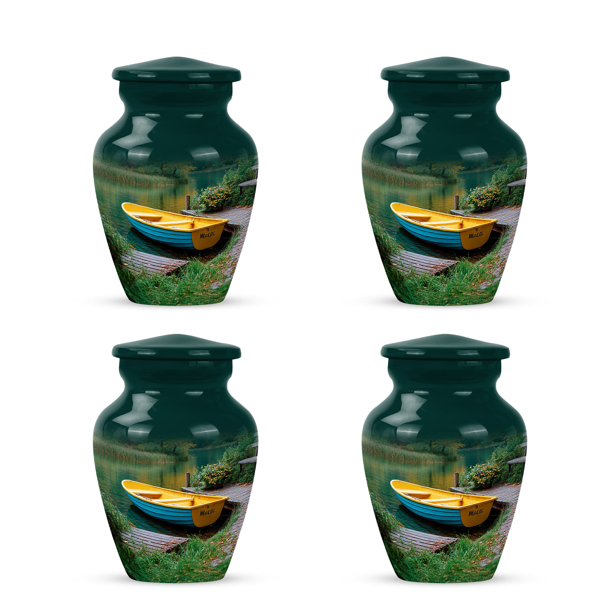 Jewel Teal Boat Cremation Urn side profile showing urn shape - classic sculpted boat pattern on smooth aluminum - 10 inch aluminum urn for cremated remains