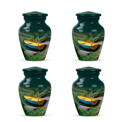 Jewel Teal Boat Cremation Urn side profile showing urn shape - classic sculpted boat pattern on smooth aluminum - 10 inch aluminum urn for cremated remains